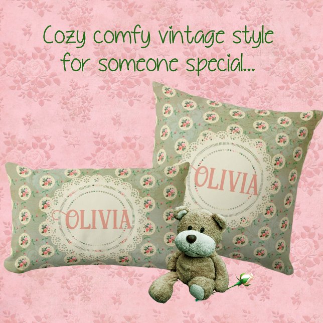 Almofada Vintage Personalizado Rosa Doily Green Damask (Makes a lovely baby gift! Sorry, antique Teddy bear isn't included.)