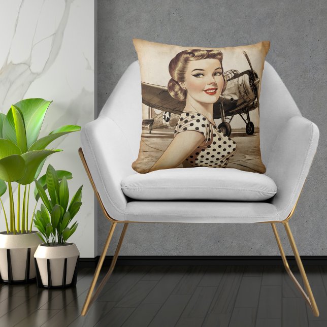 Almofada Vintage Pinup Girl & WW2 Airplane, Elegante (Criador carregado)
