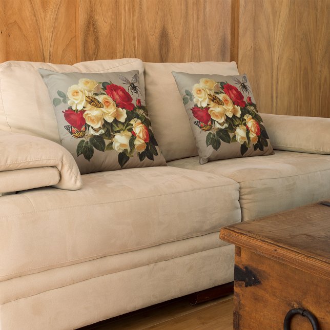 Almofada Vintage Red Yellow Roses Borboletas Abelhas (Criador carregado)