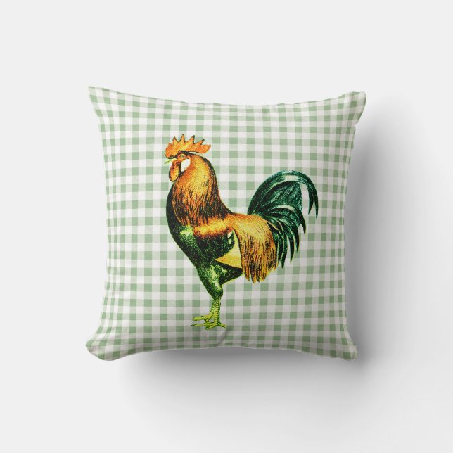 Almofada Vintage Rustic Rooster na Xadrez Sage Gingham (Frente)