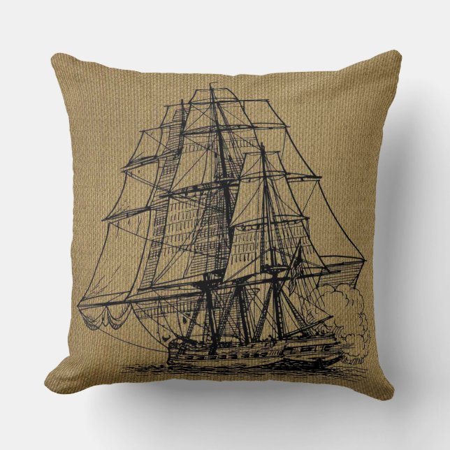 Almofada Vintage Ship Art em faux burlap (Frente)
