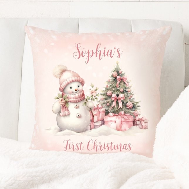 Almofada Vintage Snowman Girl Pink Primeiro Travesseiro de  (Vintage Snowman Girl Pink First Christmas Pillow)