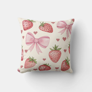 Almofada Vintage Strawberry and Pink Bows Coquette Pillow