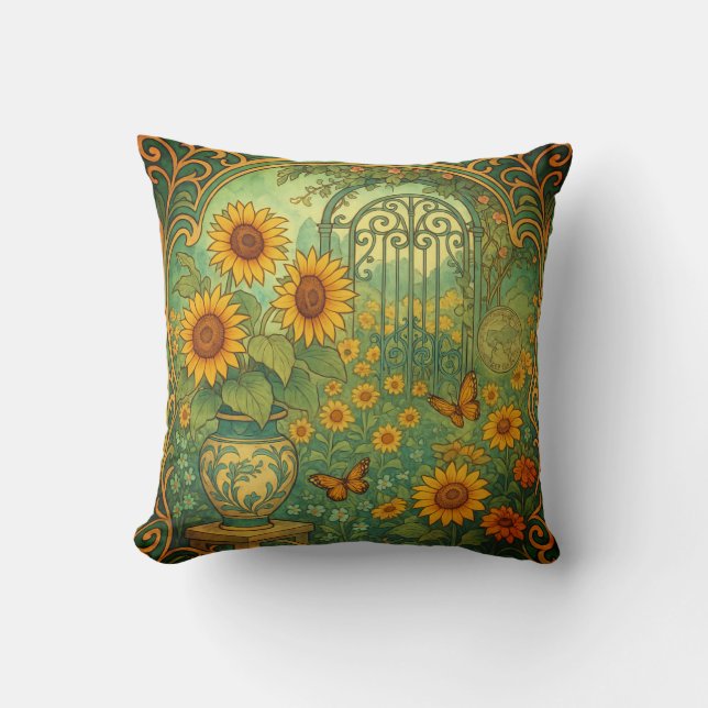 Almofada Vintage Sunflower Garden Butflies Art Nouveau (Frente)