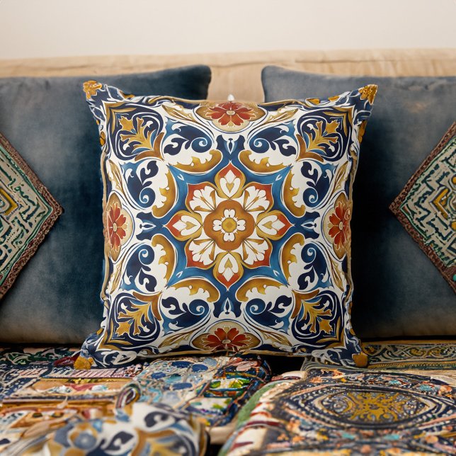 Almofada Vintage Talavera Azulejo azulejos boêmicos (Vintage Talavera Azulejo blue tiles bohemian Throw Pillow oriental home decor practical gifts )