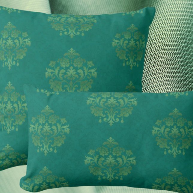 Almofada Vintage Teal Damask Gold Medallians Throw Pillow (Antique teal damask elegance!)