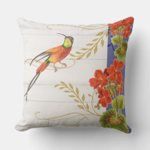 Almofada Vintage Watercolor Hummingbird Bird Red Geranium