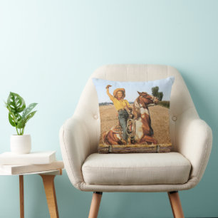 Almofada Vintage Western Cowgirl Na Onda De Cavalo