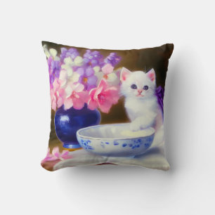 Almofada Vintage White Kitten com Fita Roxa