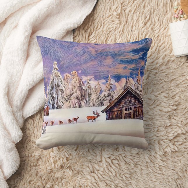 Almofada Vintage Winter Scenerdeer Log Cabin Painting (Cobertor)
