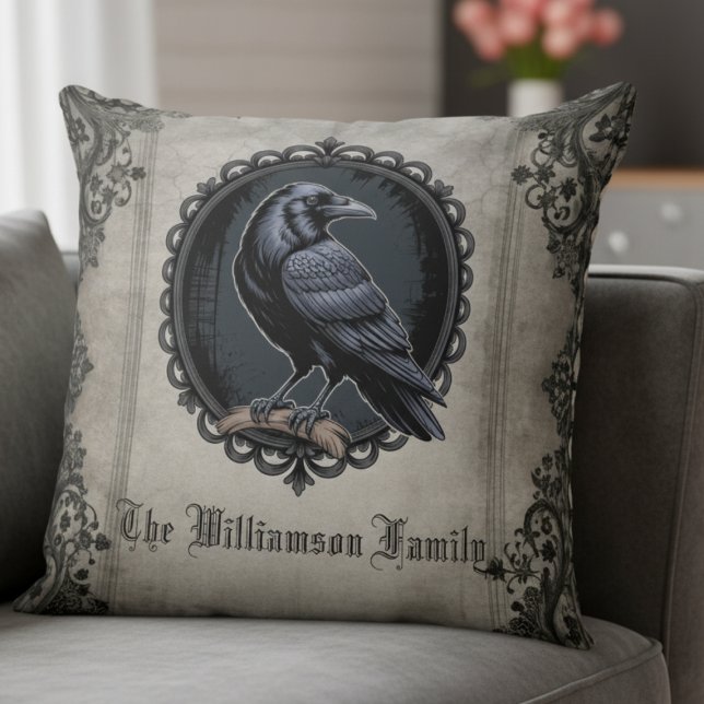 Almofada Vintagem Preta de Raven Gótica (Personalized vintage black raven pillow)