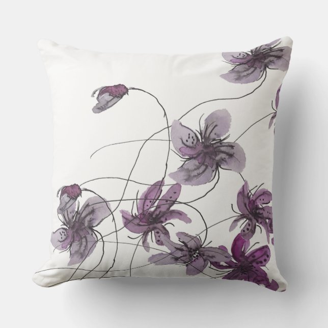 Almofada Violetas Selvagens Boho Floral Aquarela pintada à  (Frente)