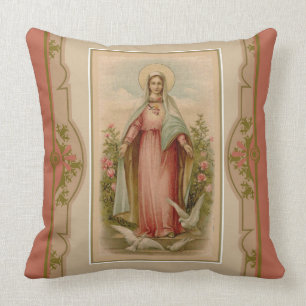 Almofada Virgem Maria Madonna com pombas & flores