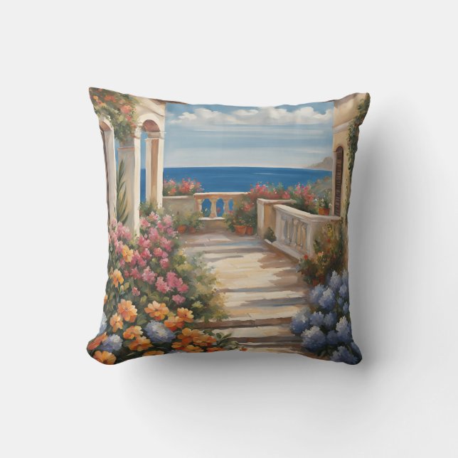 Almofada Vista Do Mar Mediterrâneo Com Flores (Frente)