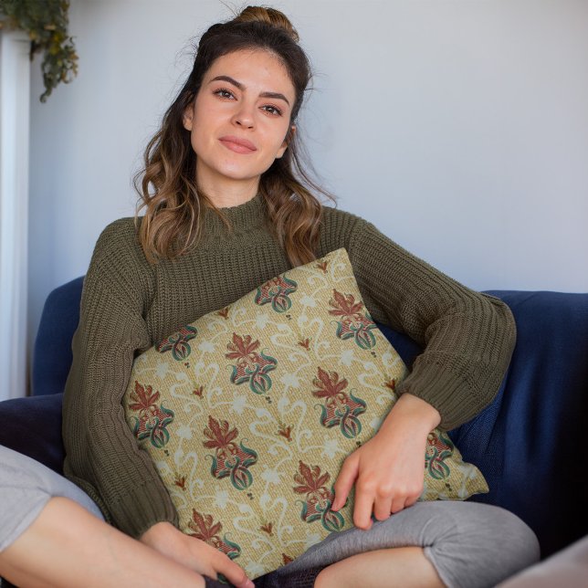 Almofada Vitoriano Tulip Foliage Floral Motif Livingroom (mockup of a woman holding a Victorian Tulip Foliage Floral Motif Livingroom Throw Pillow)