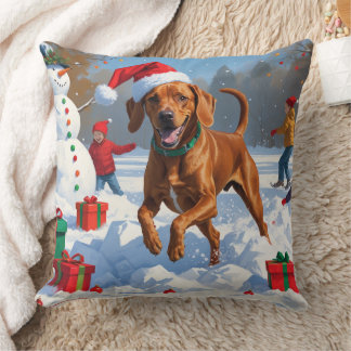 Almofada Vizsla Correndo na Neve com Chapéu de Natal