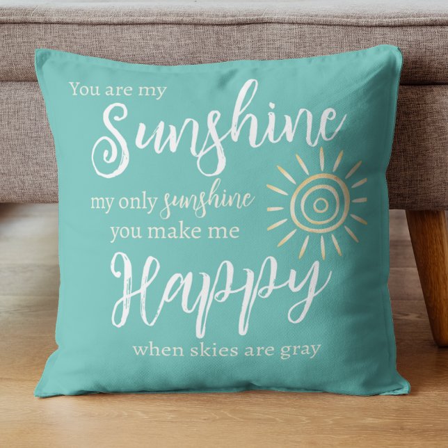 Almofada Você é o meu azul-sol-sol com pontos brancos (Sunshine You Make Me Happy Lyrics Indoor or Outdoor Pillow in Teal Blue with Sun and Polka Dots.)