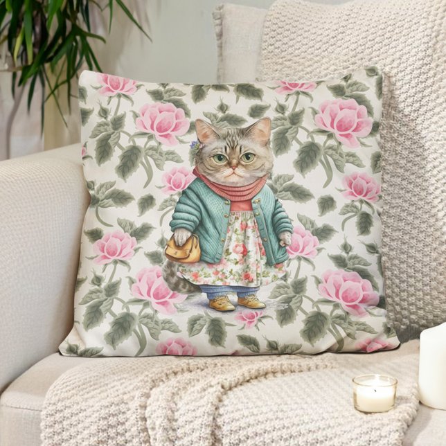 Almofada Vovó Cachorro Gato Rosa-Floral Suéter De Apron (Cute little old lady cat vintage painting pillow with pretty pink flowers. )