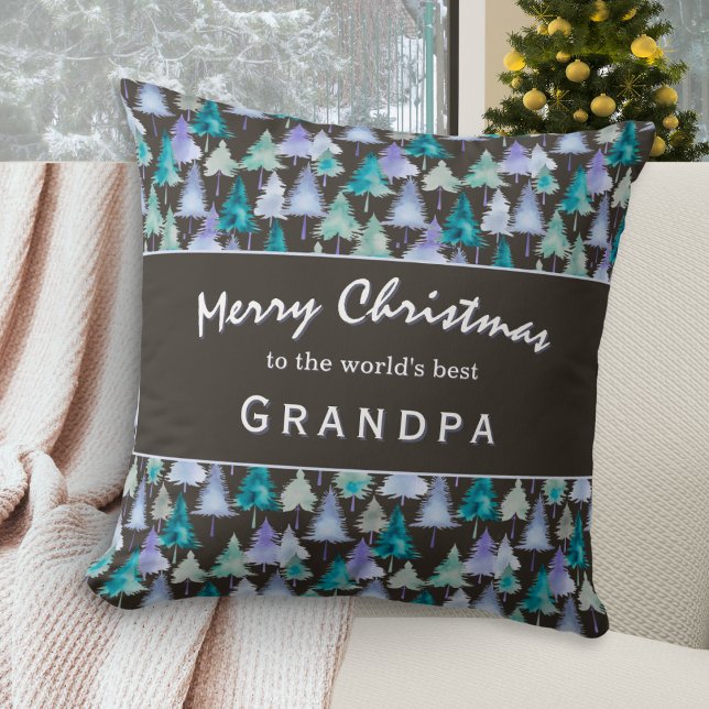 Almofada Vovô de Natal Feliz Árvores de Florestas de Aquare (A pillow for the 'world's best Grandpa', with rustic pine trees design and 'Merry Christmas' wishes)