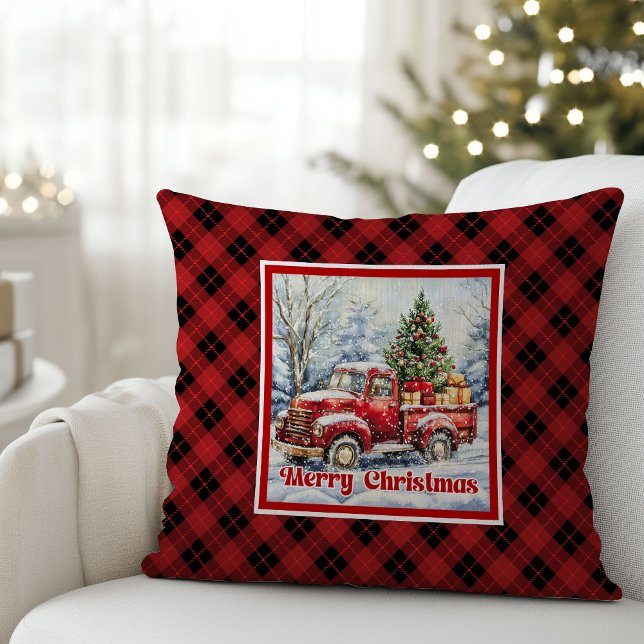 Almofada Warm red truck winter scene rustic red green  (Warm red truck winter scene rustic red green pillow decor

)