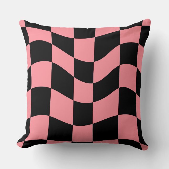 Almofada Warped Checkerboard Throw Pillow-Trippy Pink Retro (Frente)