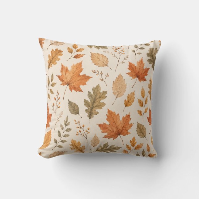 Almofada Watercolor Autumn Leaves Pattern Throw Pillow (Frente)