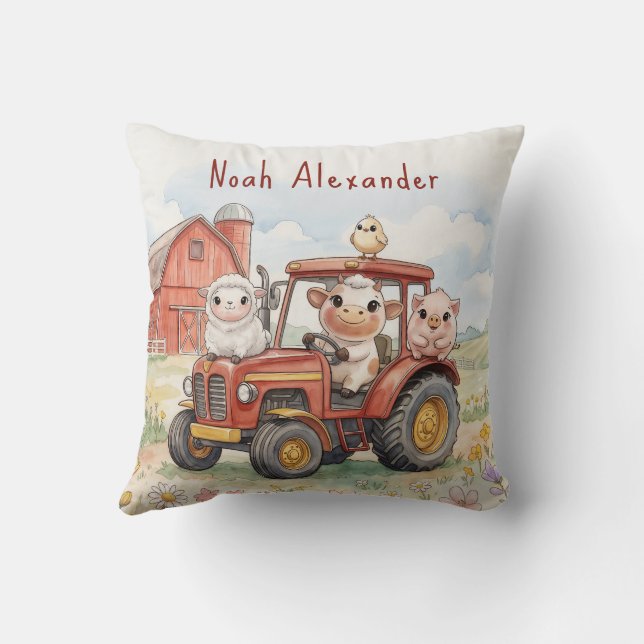 Almofada Watercolor Baby Animals Driving Red Tractor Farm (Verso)