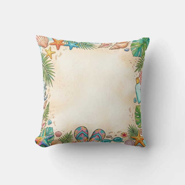 Almofada Watercolor Beach Seashells Sand Border Pillow (Frente)
