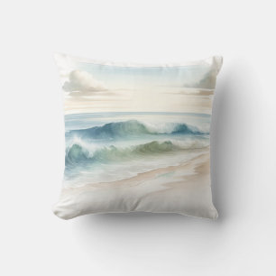 Almofada Watercolor Beach Waves Rustic Coastal