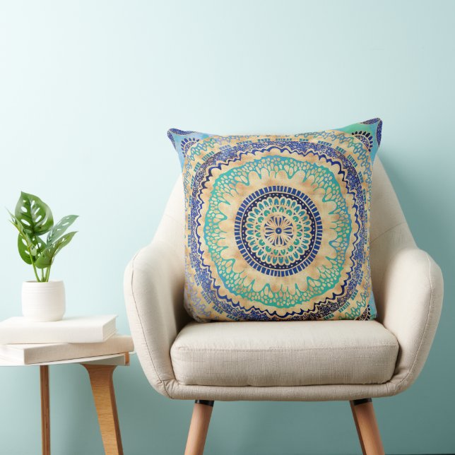 Almofada Watercolor Blue Mandala Dourado (Cadeira)