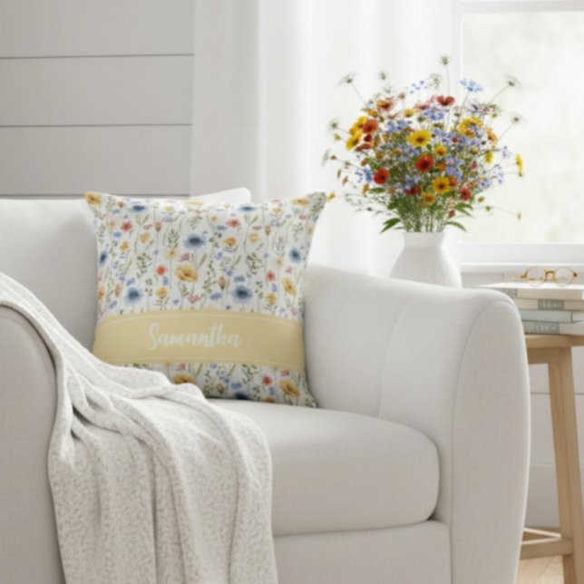 Almofada Watercolor Boho Blue Yellow Pink Wildflower (Criador carregado)