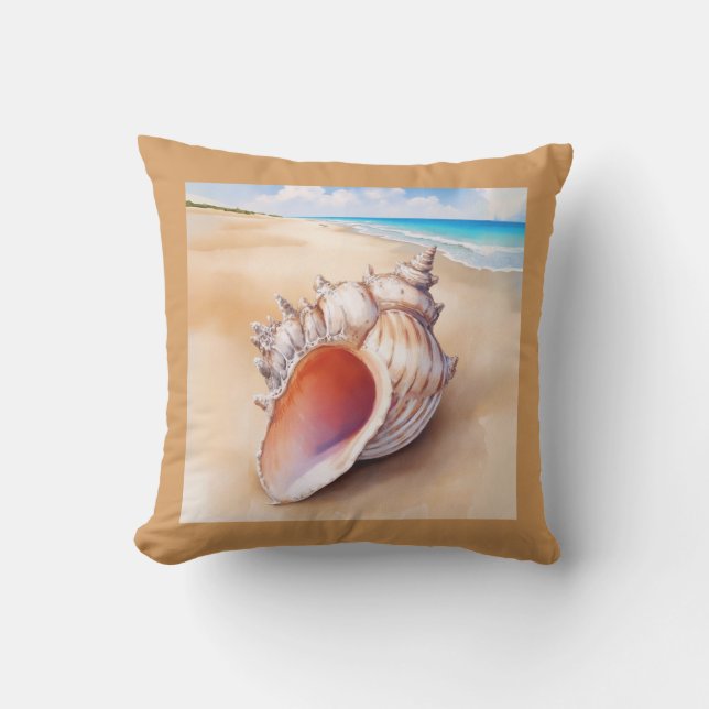 Almofada Watercolor Conch Shell na Praia (Frente)