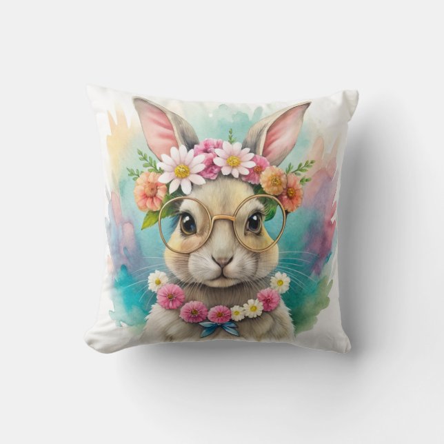 Almofada Watercolor Cute Rabbit Wildflowers (Frente)
