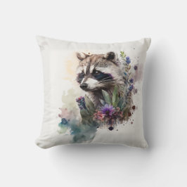 Almofada Watercolor Cute Raccoon Spring Flowers       