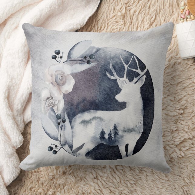 Almofada Watercolor Deer and Floral Accent Throw Pillow (Cobertor)