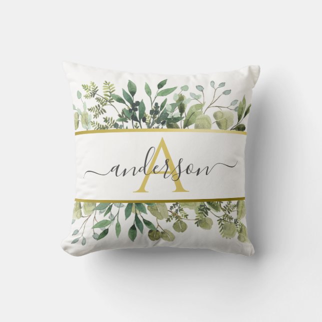 Almofada Watercolor Eucalyptus & Greenery | Monograma (Frente)