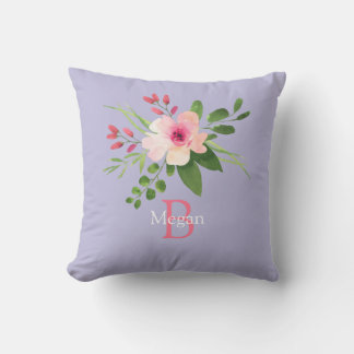 Almofada Watercolor Flower, Name & Monogram on Lavender
