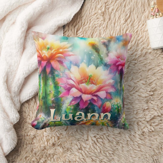 Almofada Watercolor Flowering Succulent Cacti Personalized (Cobertor)