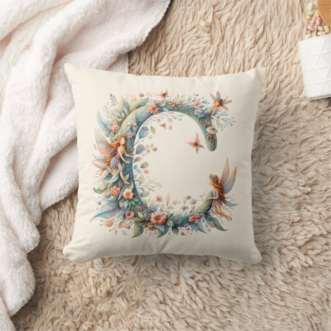 Almofada Watercolor Greenery Fairies Monograma - Letra C (Cobertor)