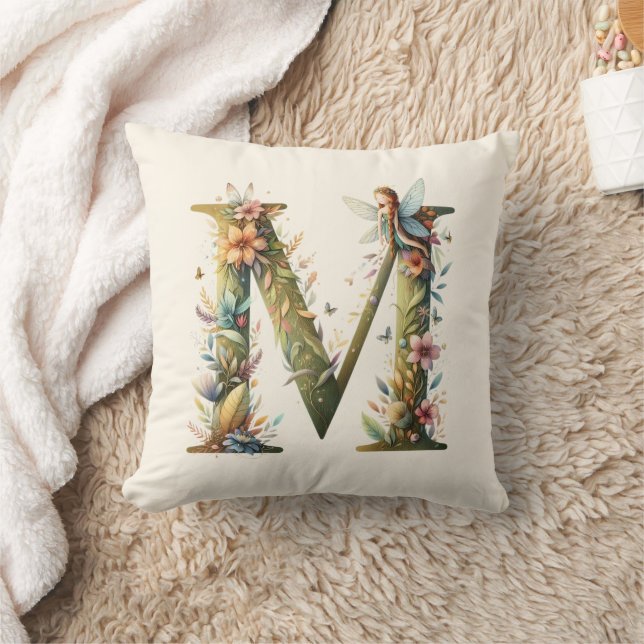 Almofada Watercolor Greenery Fairies Monograma - Letra M (Cobertor)