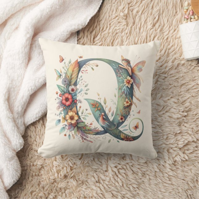 Almofada Watercolor Greenery Fairies Monograma - Letra Q (Cobertor)