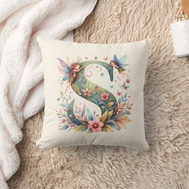 Almofada Watercolor Greenery Fairies Monograma - Letra S (Cobertor)