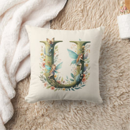 Almofada Watercolor Greenery Fairies Monograma - Letra U