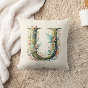 Almofada Watercolor Greenery Fairies Monograma - Letra U