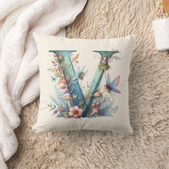 Almofada Watercolor Greenery Fairies Monograma - Letra V (Cobertor)