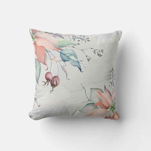 Almofada Watercolor Holly Berries e Poinsettias Natal (Frente)