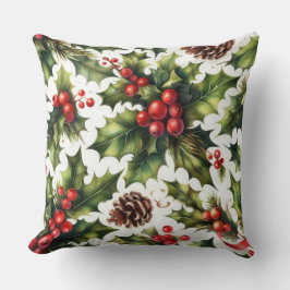 Almofada Watercolor Holly Berries Natal Motifs Holiday