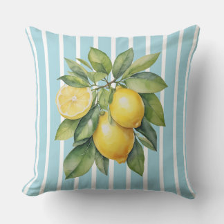 Almofada Watercolor Lemons on Blue Striped Background