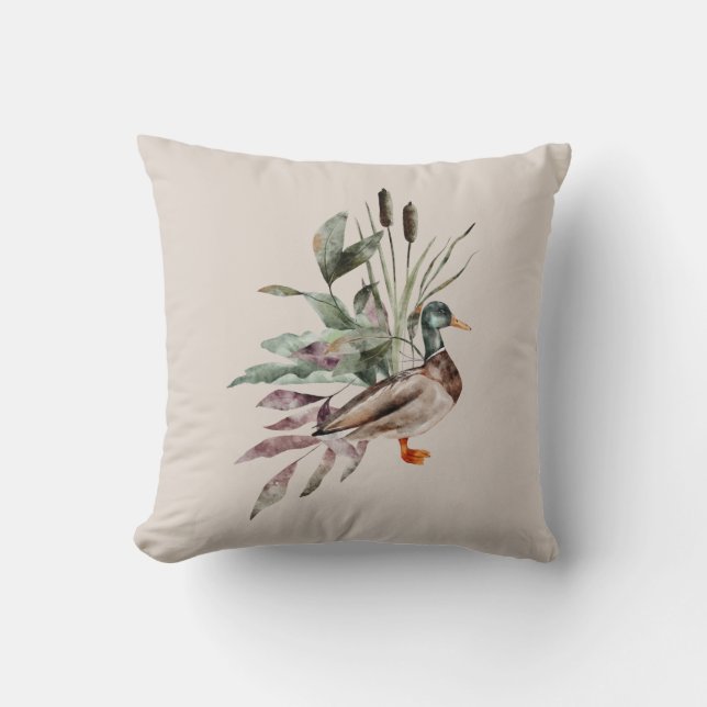 Almofada Watercolor Mallard Duck Cattails Foliage Wildlife (Frente)