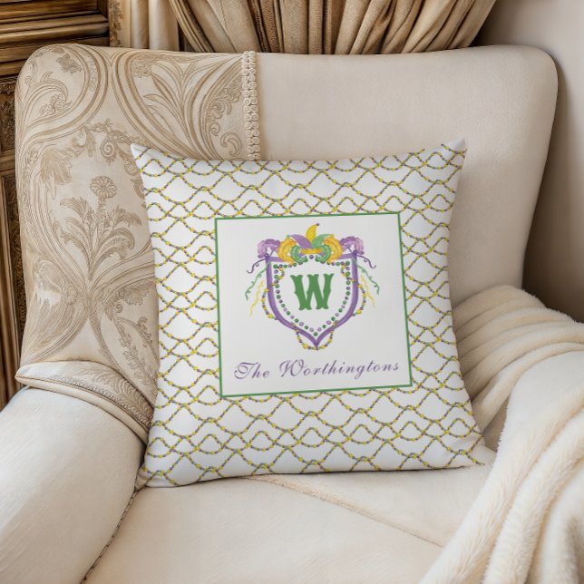 Almofada Watercolor Mardi Gras Monogram Crest (Criador carregado)